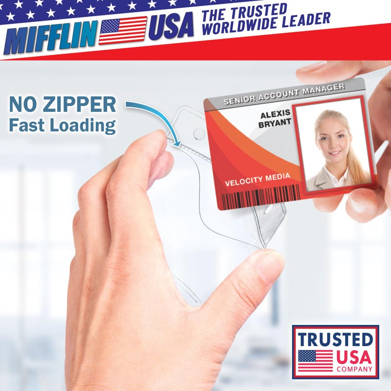 Mifflin-USA Horizontal Zipperless ID Badge Holder (Clear, 3.5x2.25 Inch, 100 Pack), Quick Load Plastic Name Card Pouch in Bulk - Image 2